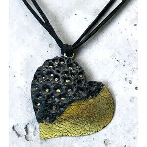 Handmade Black Openwork over Gold Heart Polymer Clay Pendant Necklace on Cord